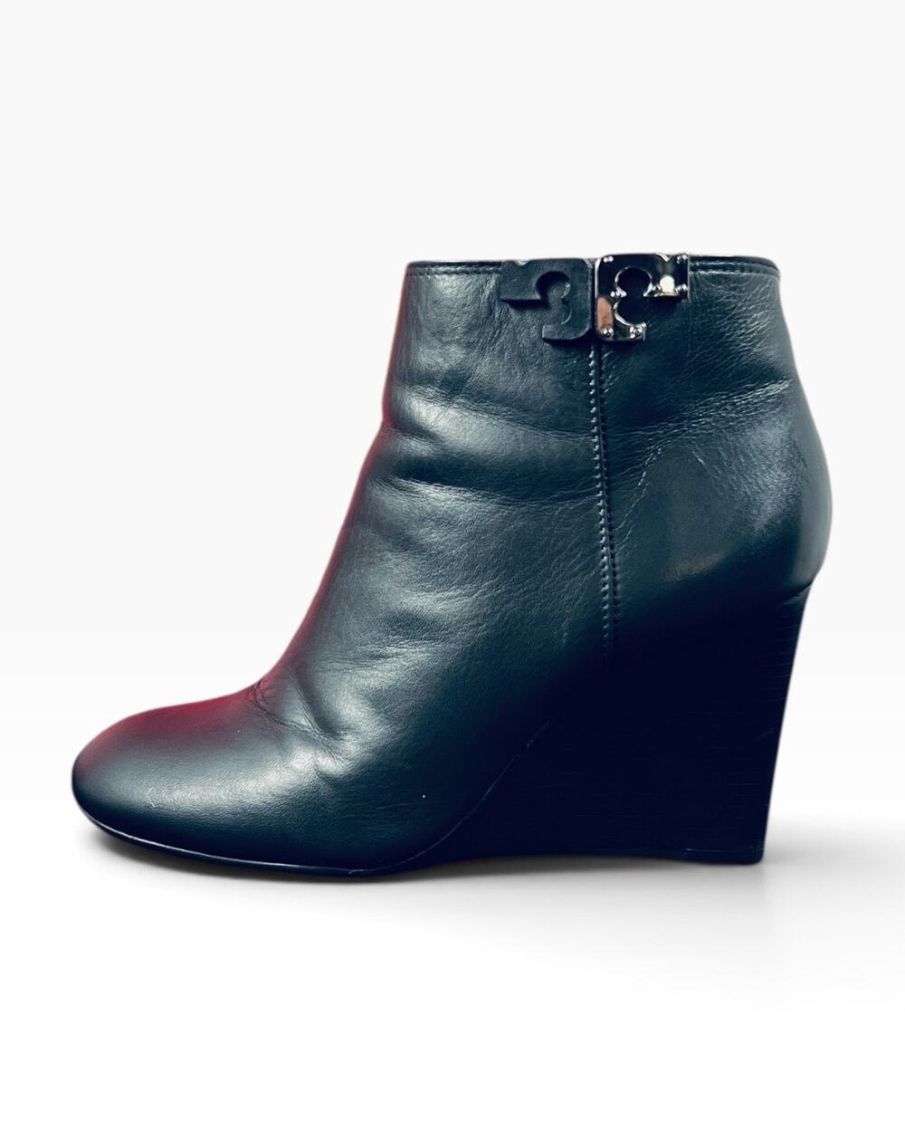 Tory Burch Lowell 85mm Black Leather Wedge Ankle Booties Size 5.5 Box